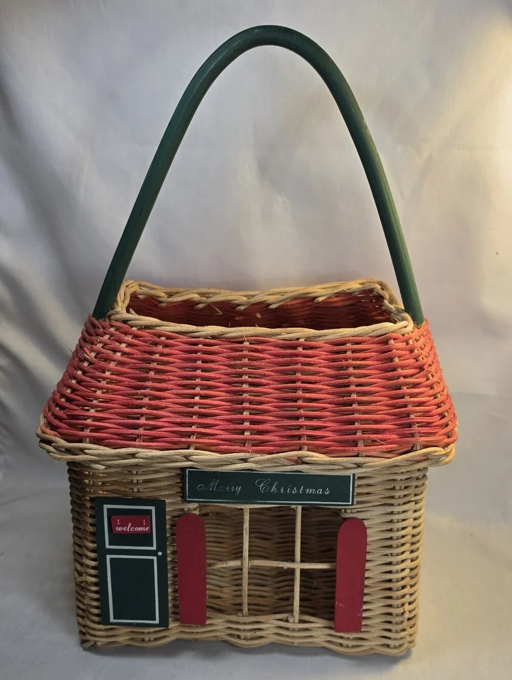 Vintage Wicker Christmas House Basket Holiday Cottage Decor Village Large 18”